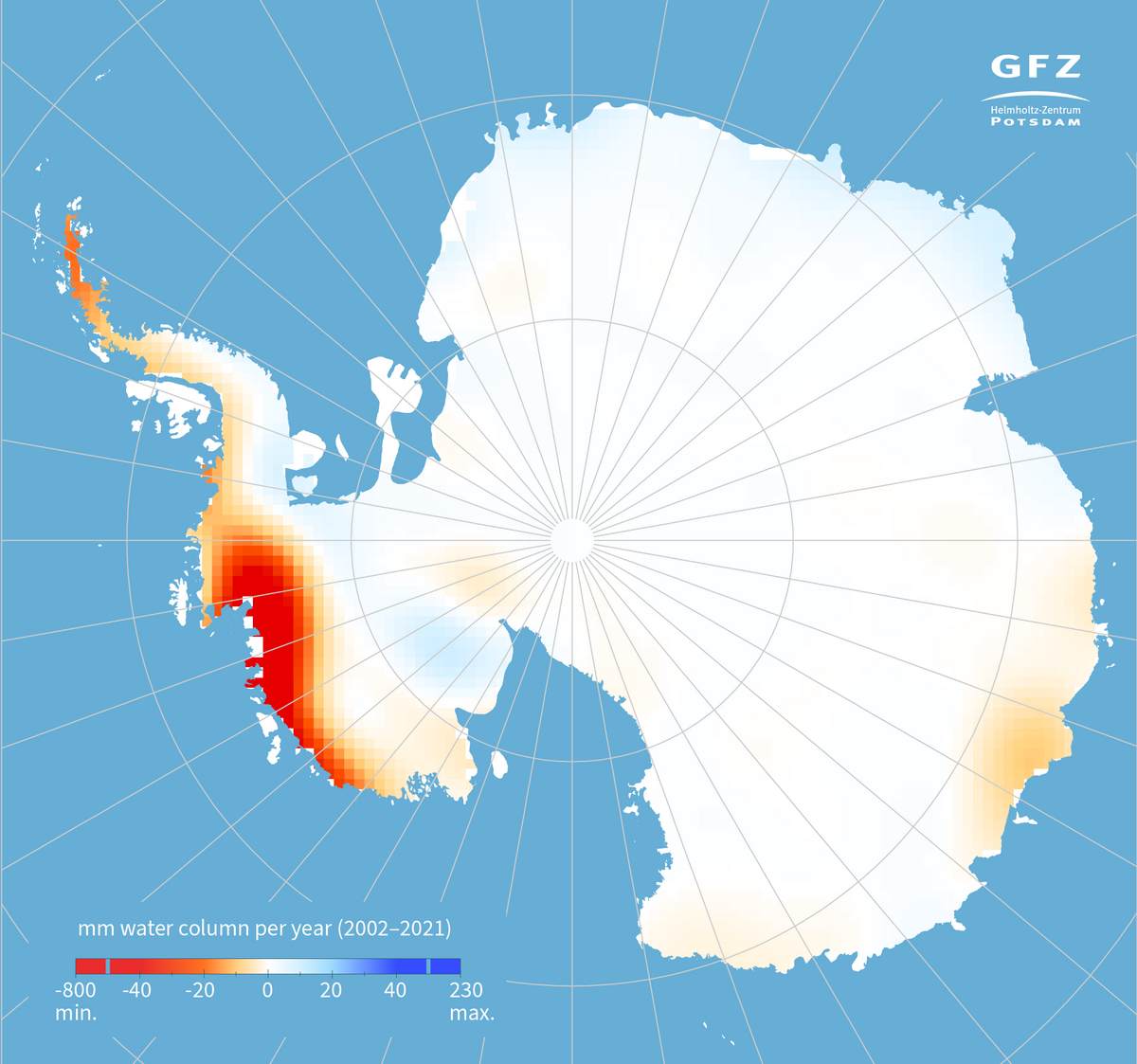 Map of Antarctica loss of ice in red