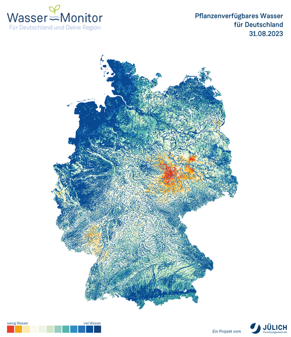 Deutschlandkarte mit farbigen Flächen: blau, grün, rot (rot = trocken)